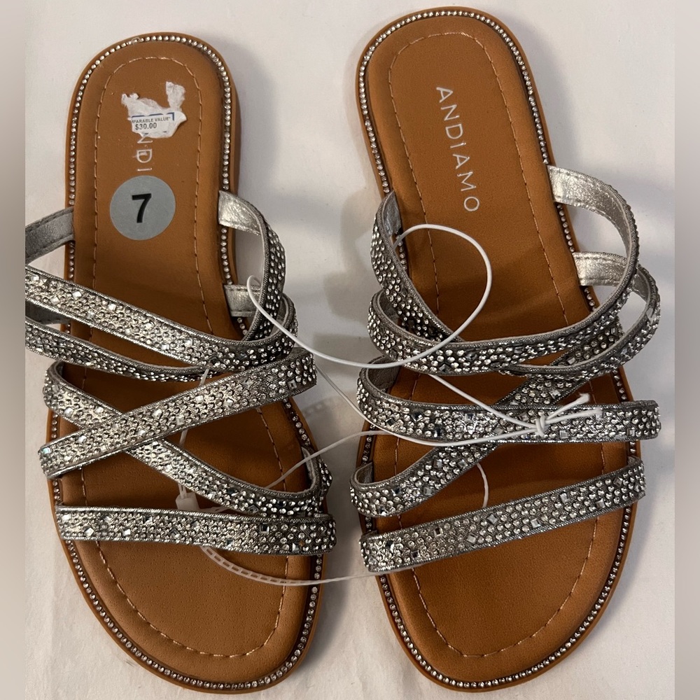 Andiamo Shimmering Silver Women’s Sandals with Rhinestone Straps, Size 7 M, New